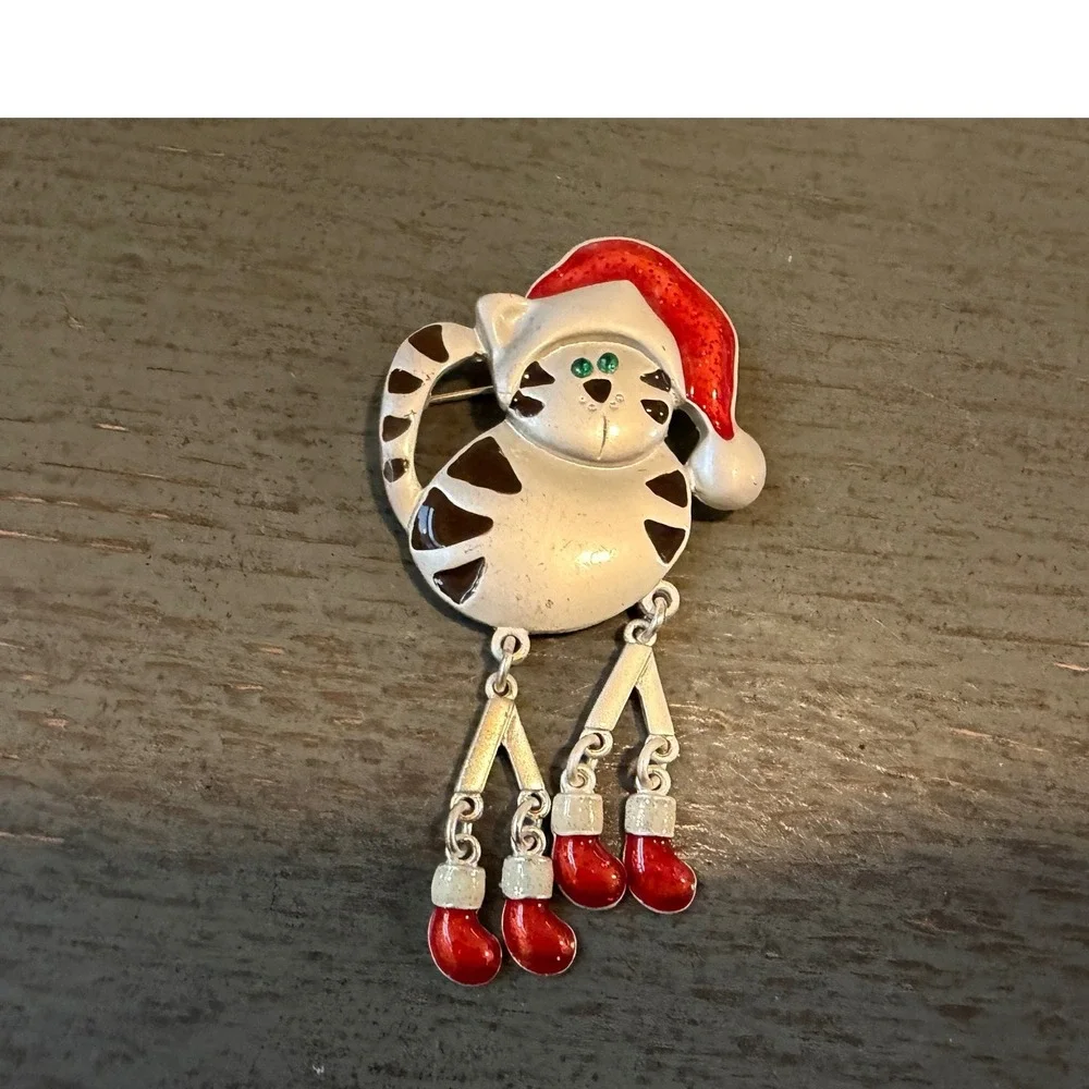 Vintage Christmas Cat Brooch Santa Hat Dangle Stocking Legs Enamel Pin Holiday